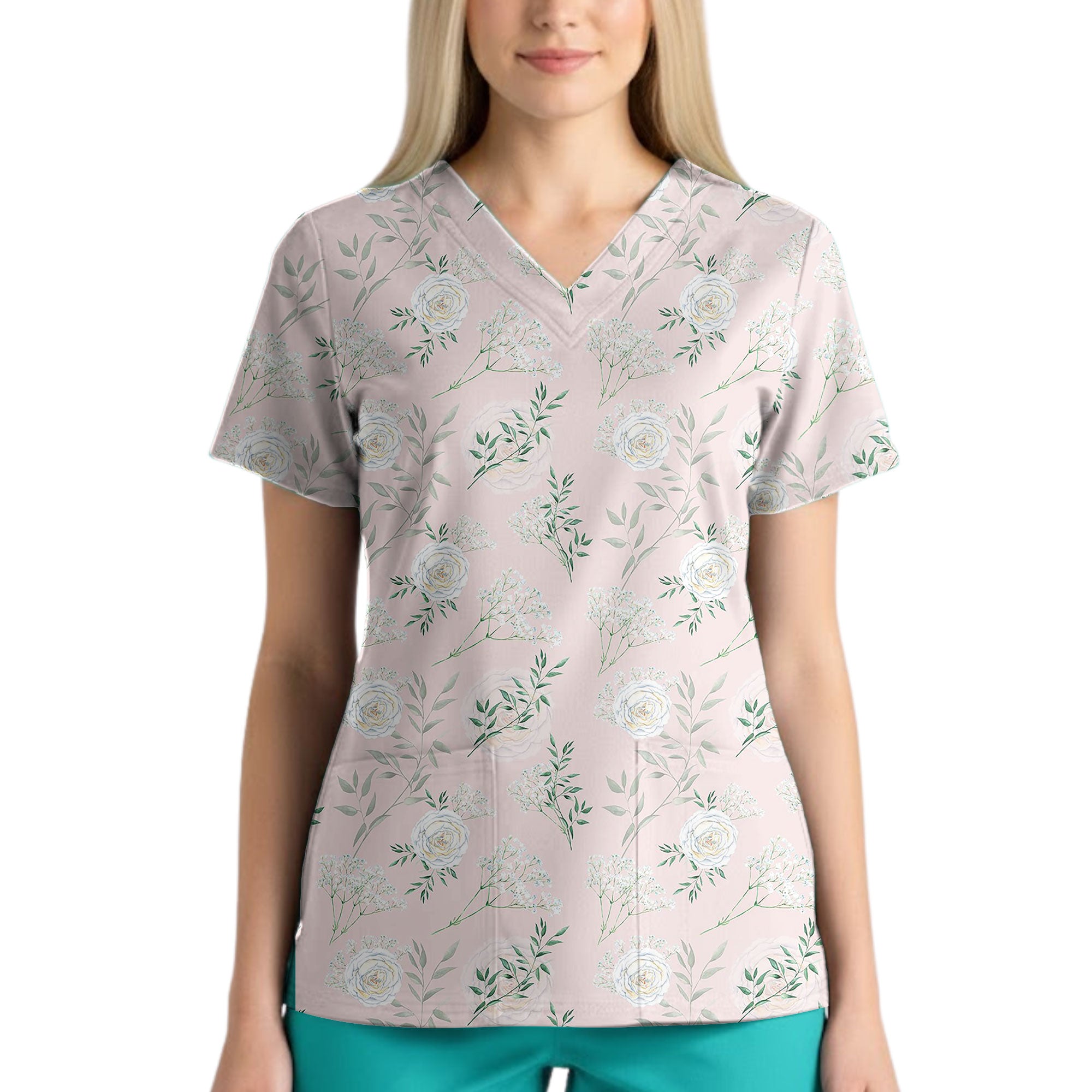 Dusty Pink White Rose Botanical Printed Scrub Top for Nurses