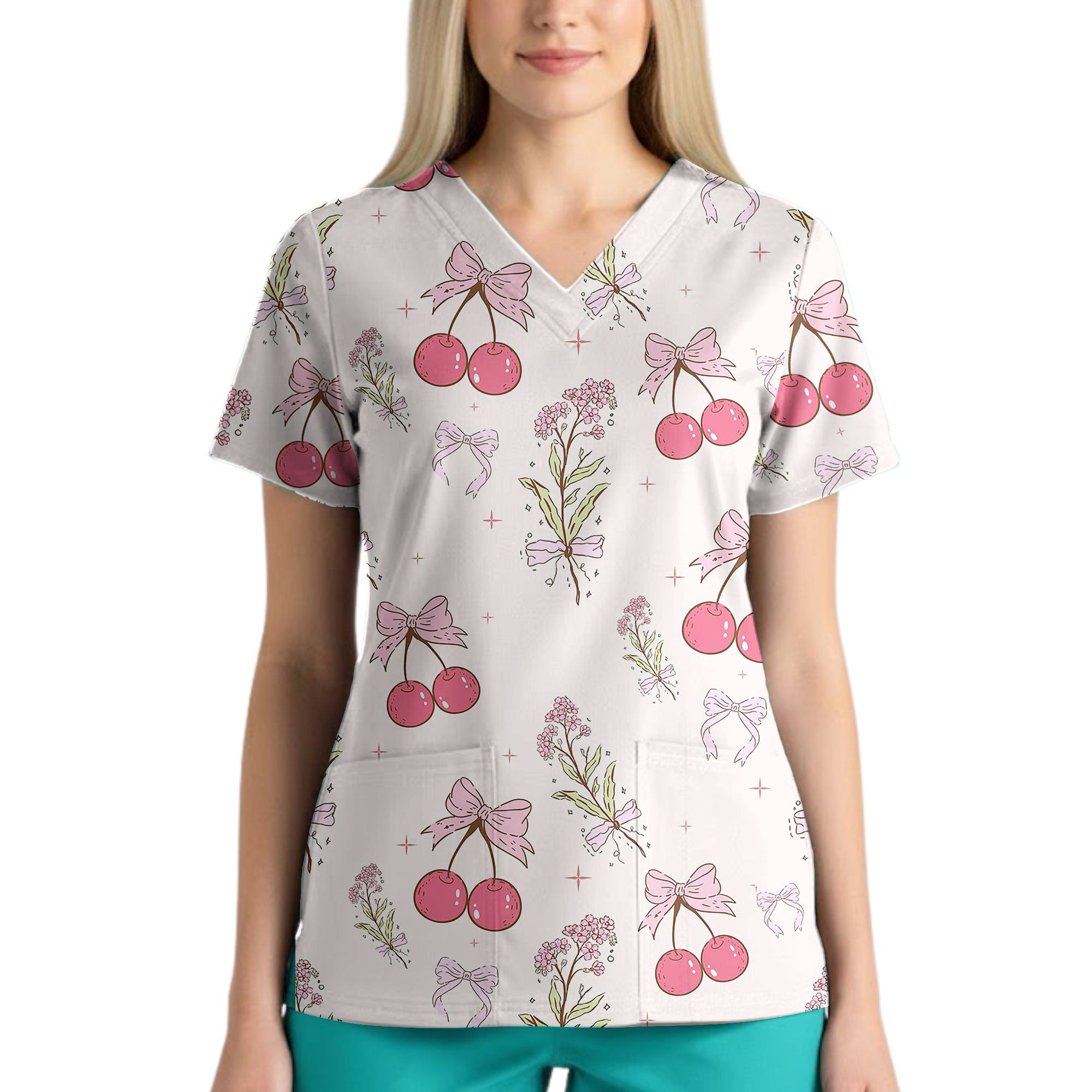Pink Cherry Bouquet and Bow Printed Scrub Top for Nurses