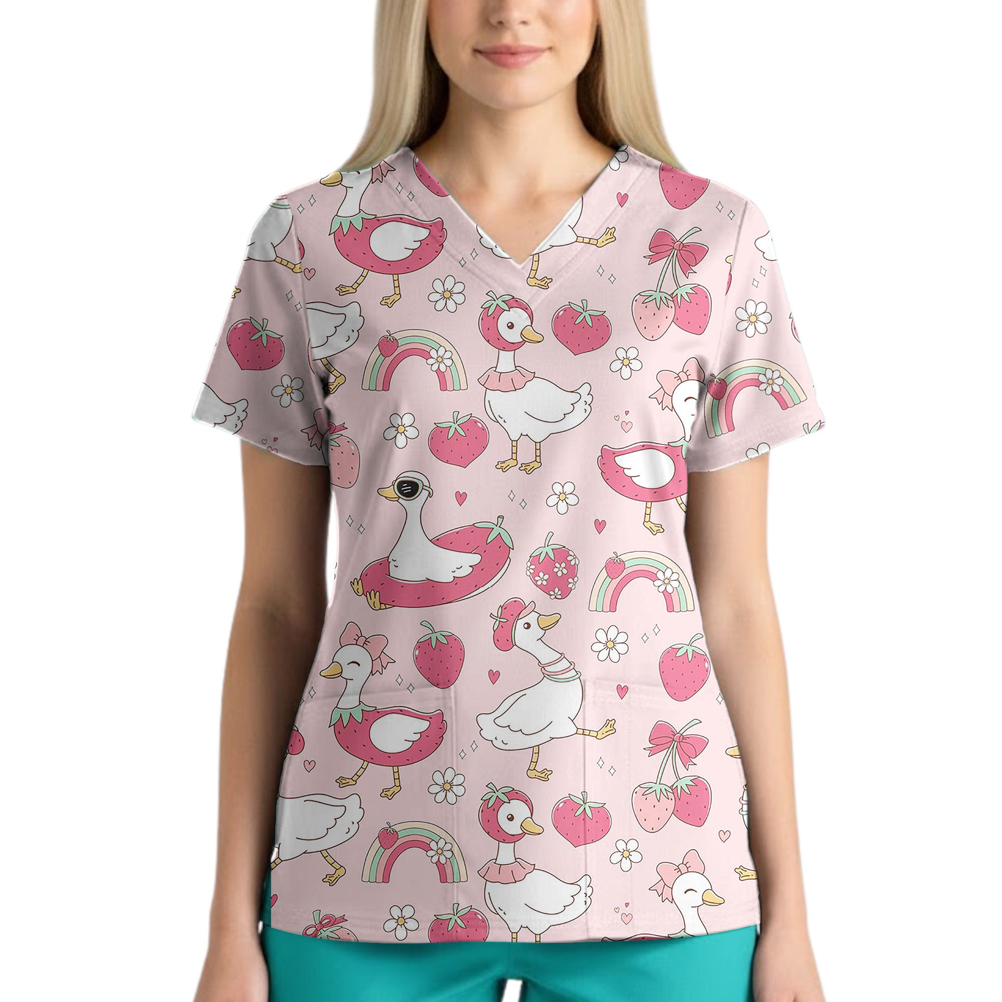 Pink Goose and Strawberry Float Printed Scrub Top for Pediatric Nurses
