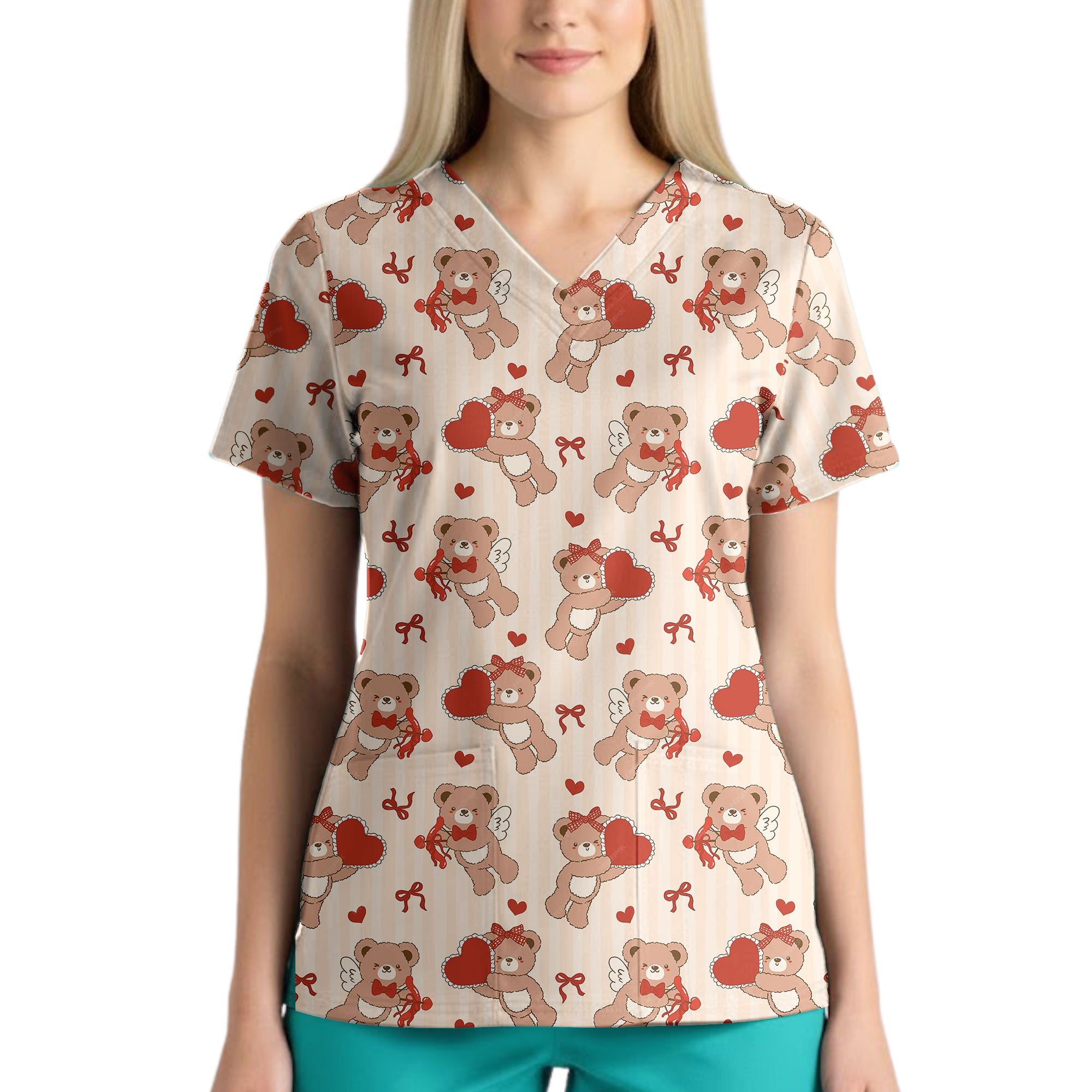 Cute Teddy Bear and Heart Valentine Printed Scrub Top for Nurses