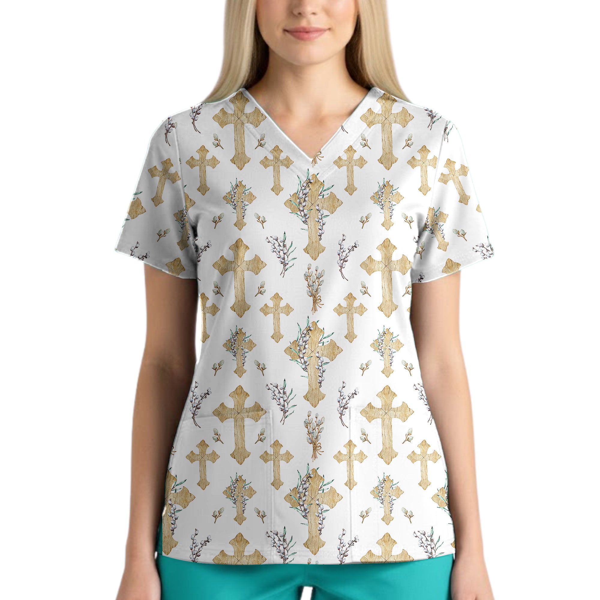 Watercolor Wooden Christian Cross Printed Scrub Top for Medical Staff