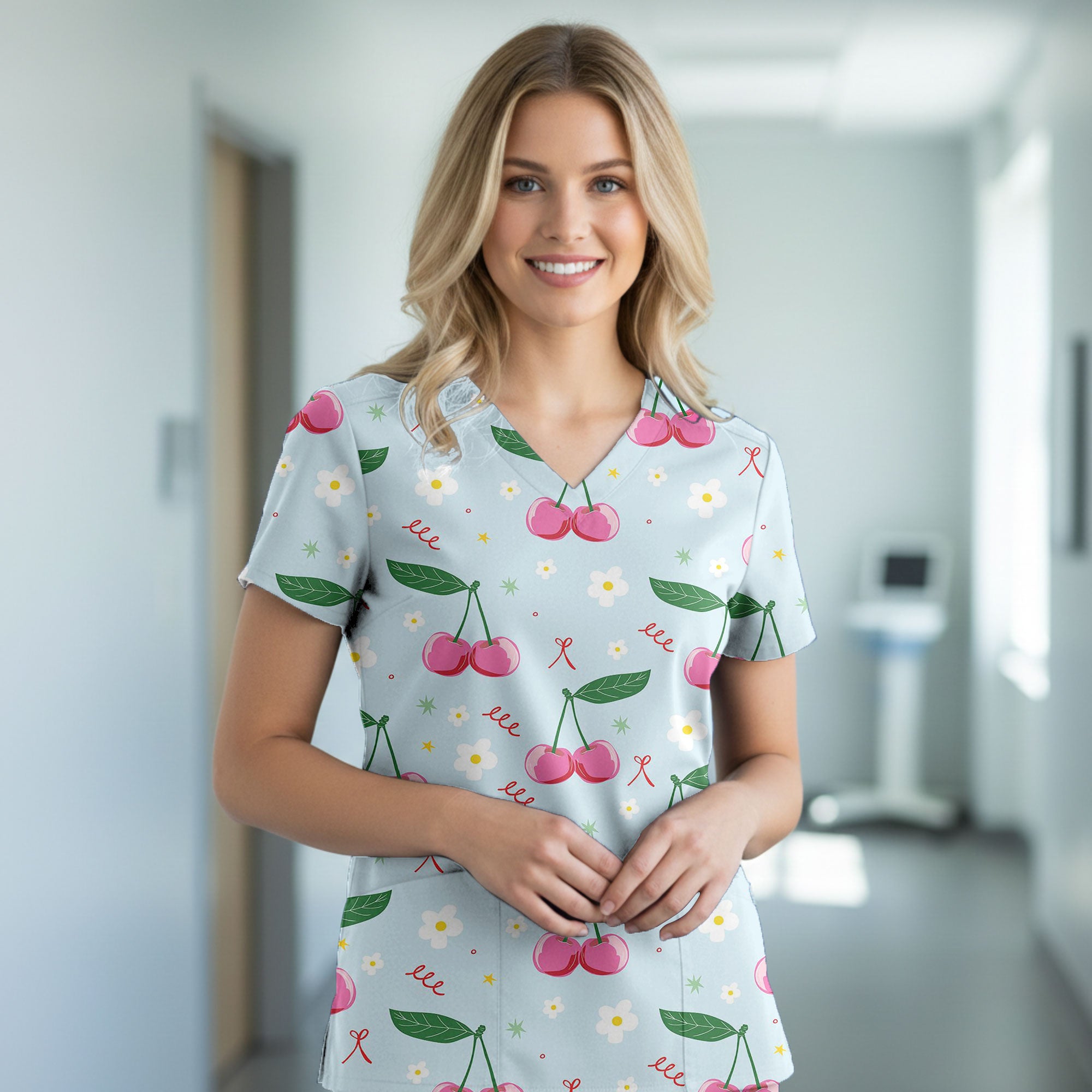 Light Blue Cherry and Daisy Printed Scrub Top for Nurses
