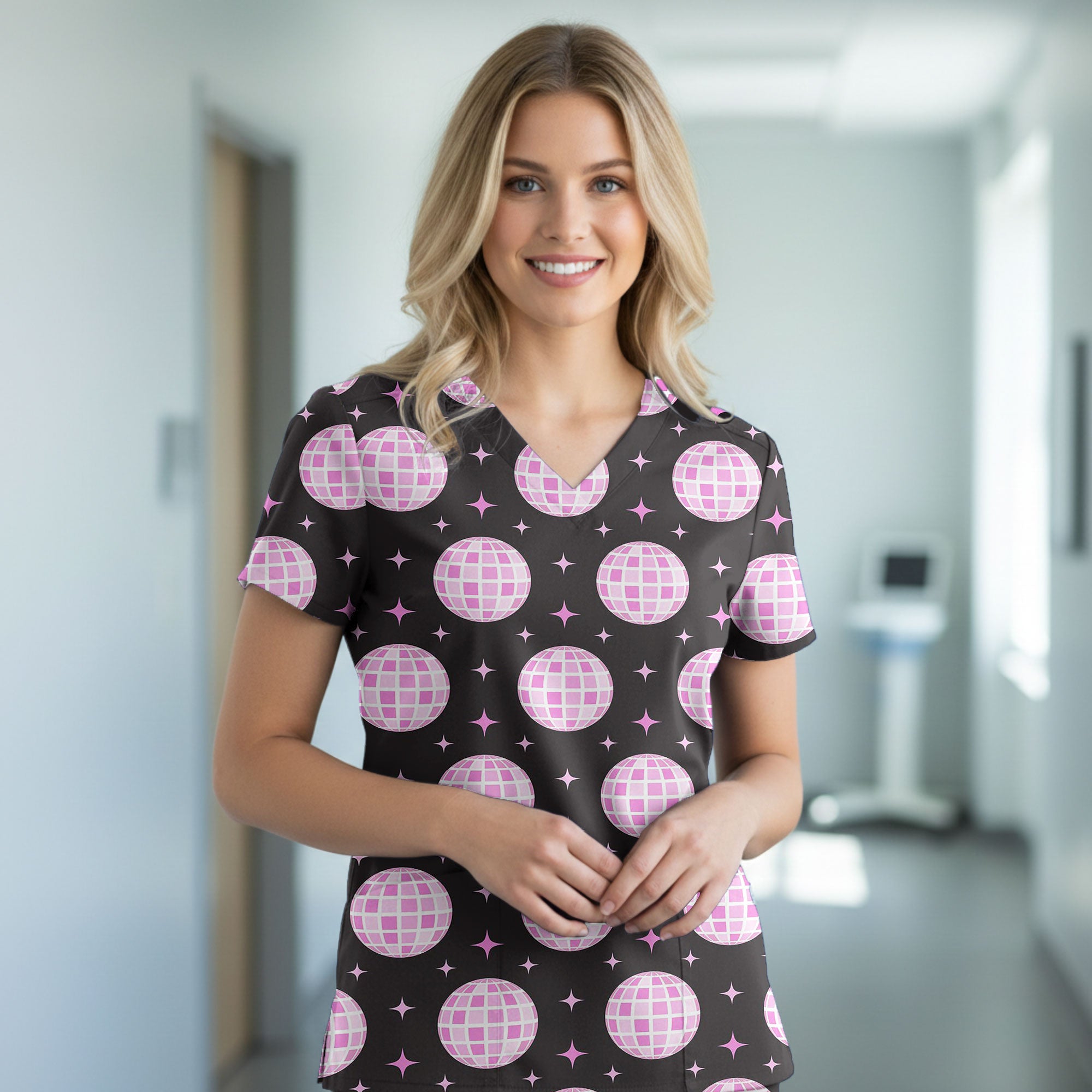 Pink Disco Ball Sparkle Printed Scrub Top for Nurses