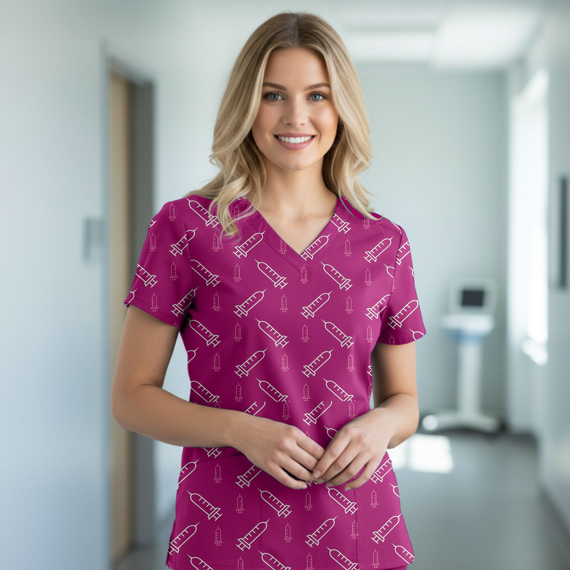Pink Syringe Outline Printed Scrub Top for Nurses