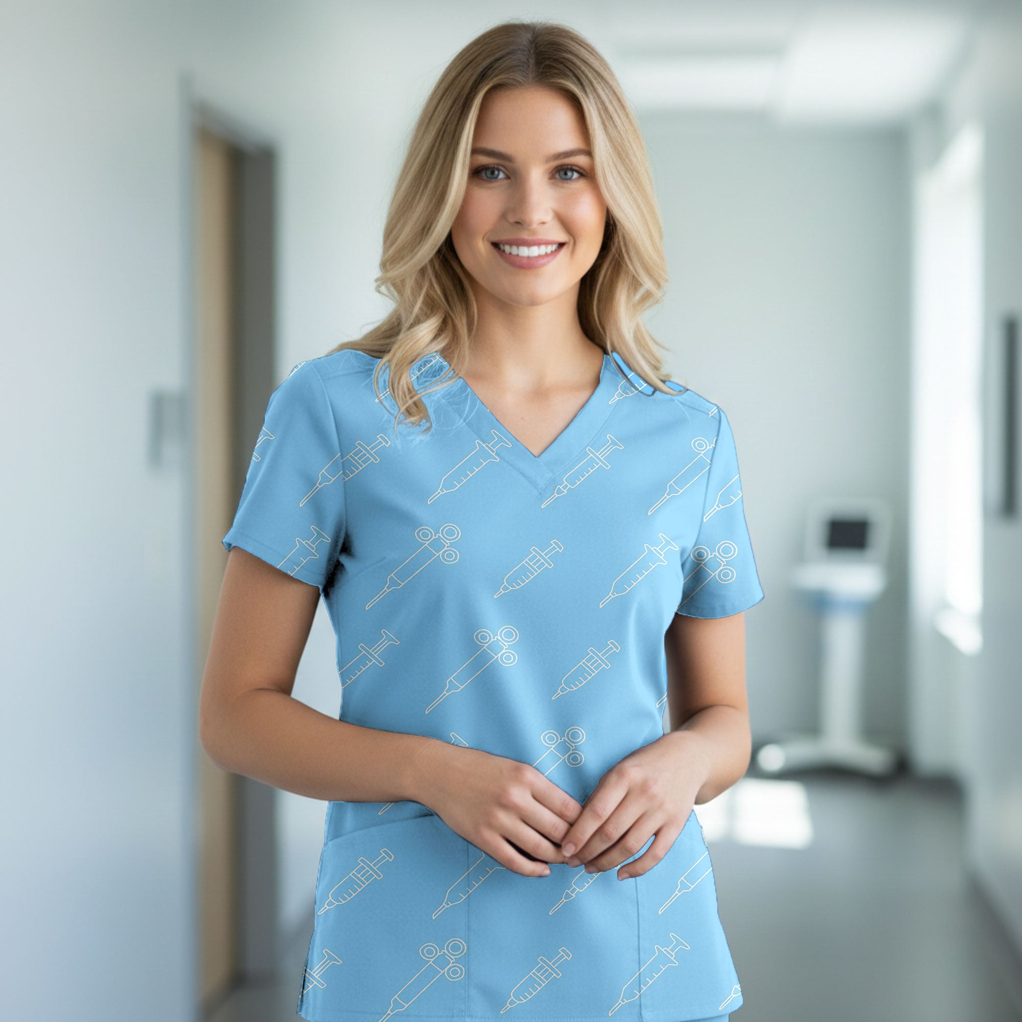 Sky Blue Syringe Line Art Printed Scrub Top for Nurses