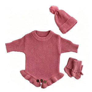 Rose Pink – Ruffle Hem + Hat + Booties knit baby romper