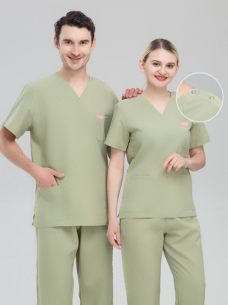 Polyester-cotton custom logo doctor nurse work uniforms, solid color V-neck straight-leg pants, beauty salon, dental studio uniforms