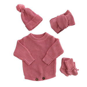 Rose Pink – Classic Hem + 4-Piece Set knit baby romper
