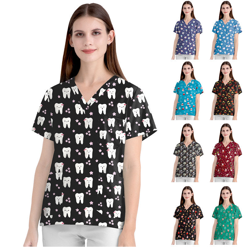 Stretch Nurse Uniform Female Print Dental Stretch Quick Dry Dental Hospital Oral Care Work Brush Hand Clothes Hand Washing Clothes