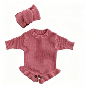 Rose Pink – Ruffle Hem + 2-Piece Set knit baby romper
