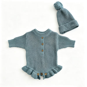 Gray Blue – Ruffle Hem + Hat knit baby romper