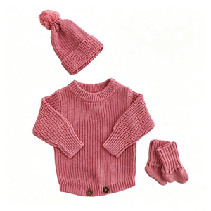 Rose Pink – Classic Hem + 3-Piece Set knit baby romper
