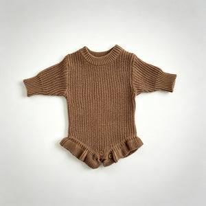Khaki – Ruffle Hem knit baby romper