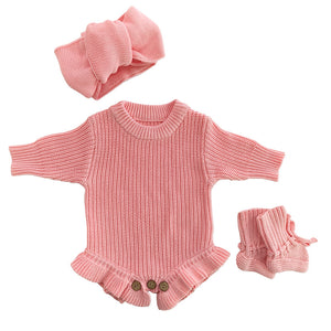 Light Pink – Ruffle Hem + 3-Piece Set knit baby romper