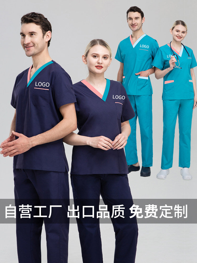 Designer color-block design V-neck doctor and nurse uniforms, dental and dental work uniforms, custom logo uniforms for women