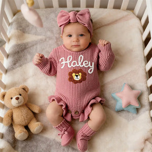 Rose pink ruffle knit romper embroidered with Haley and a teddy bear motif
