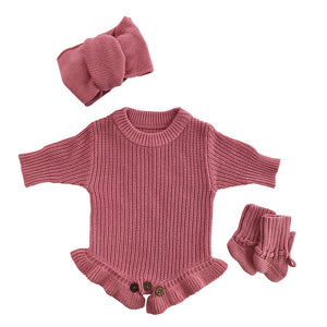 Rose Pink – Ruffle Hem + 3-Piece Set knit baby romper
