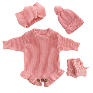 Light Pink – Ruffle Hem + 4-Piece Set knit baby romper
