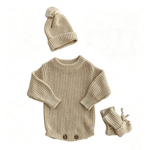 Apricot – Classic Hem + Hat + Booties / Khaki – Classic Hem + Hat + Booties knit baby romper
