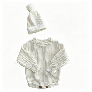 White – Classic Hem + Hat knit baby romper