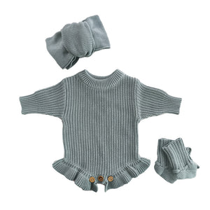Gray Blue – Ruffle Hem + 3-Piece Set knit baby romper