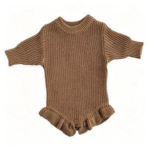 Khaki – Ruffle Hem knit baby romper