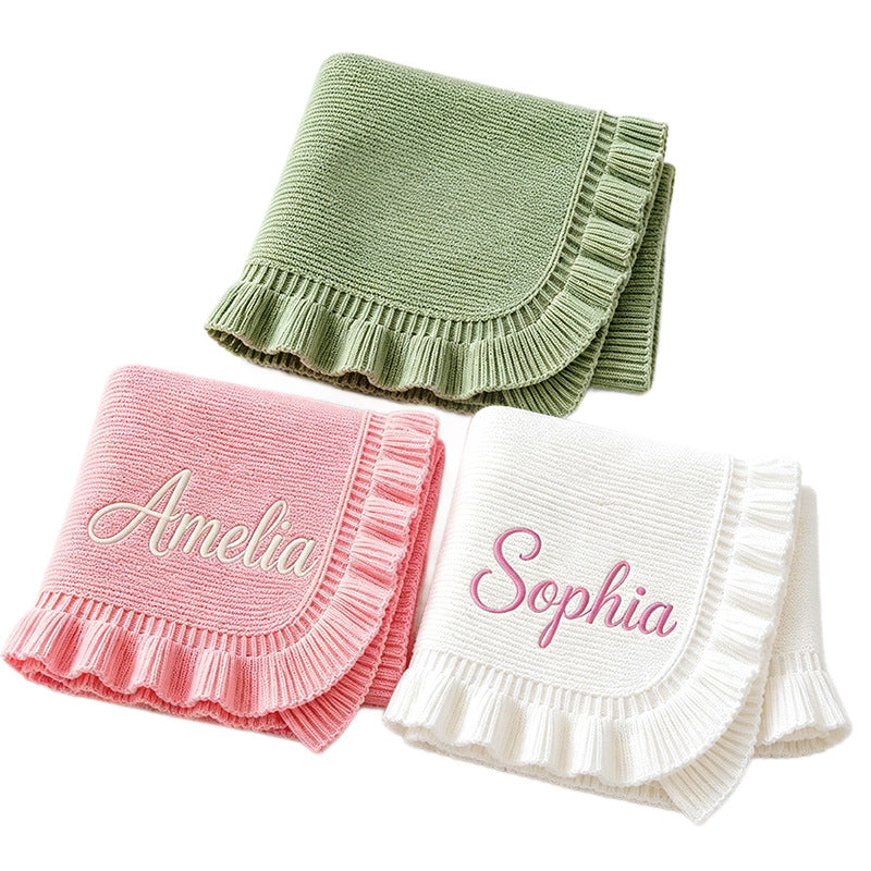 Three ruffle knit blankets embroidered with Amelia and Sophia