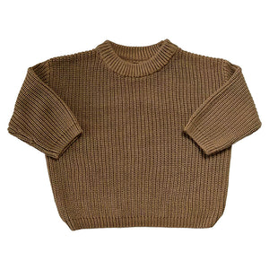 Brown chunky knit kids sweater, plain