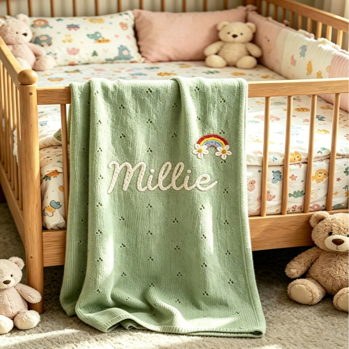 Green eyelet knit blanket embroidered with Millie and a rainbow on a crib