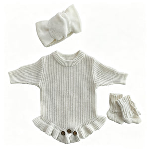 White – Ruffle Hem + Headband + Booties knit baby romper