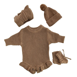 Khaki – Ruffle Hem + 4-Piece Set knit baby romper
