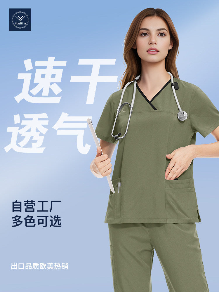 Nianqing unisex new hand washing clothes V-neck contrast design beauty salon dental clinic hospital nurse uniform