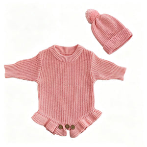 Light Pink – Ruffle Hem + Hat knit baby romper