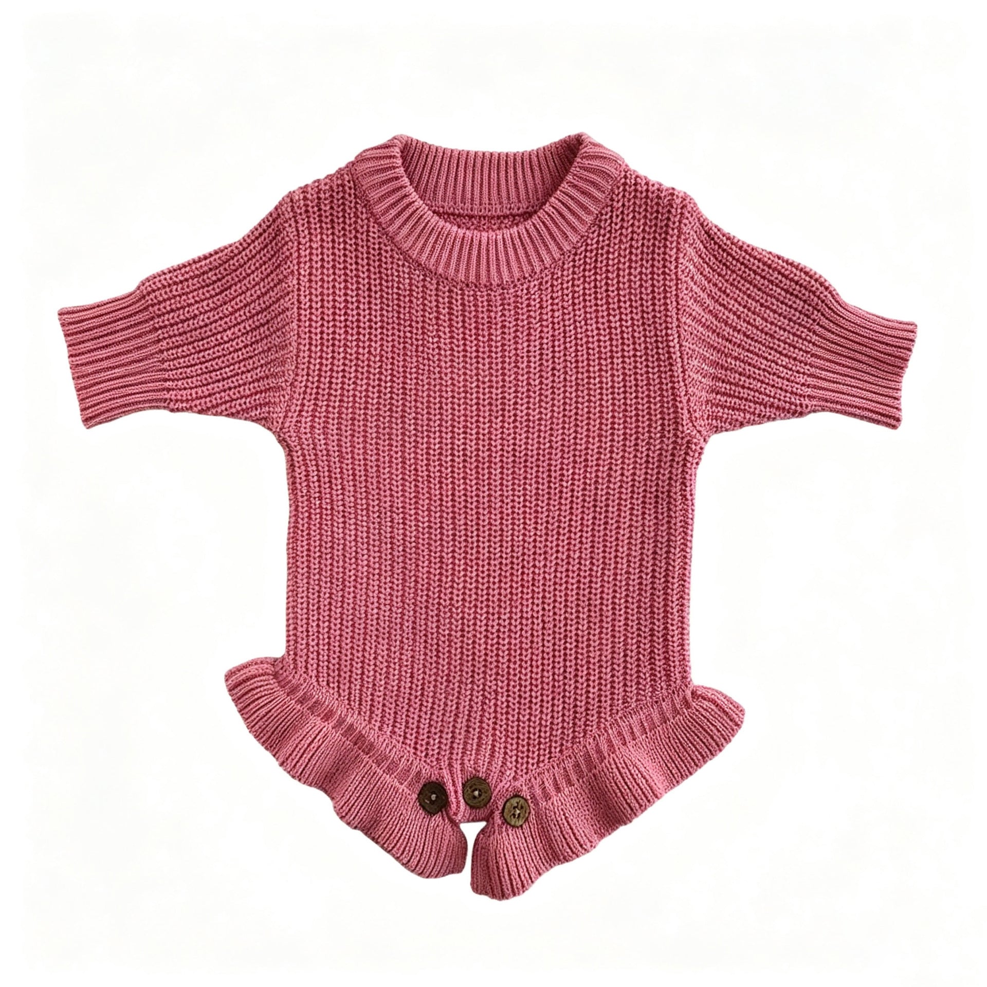 Rose pink knit baby romper with ruffle hem