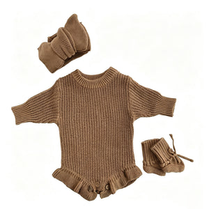 Khaki – Ruffle Hem + Headband + Booties knit baby romper