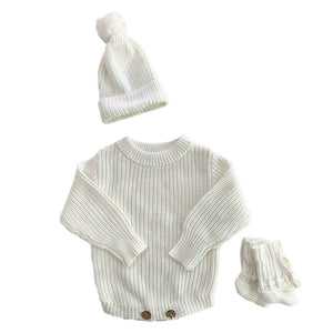 White – Classic Hem + 3-Piece Set knit baby romper