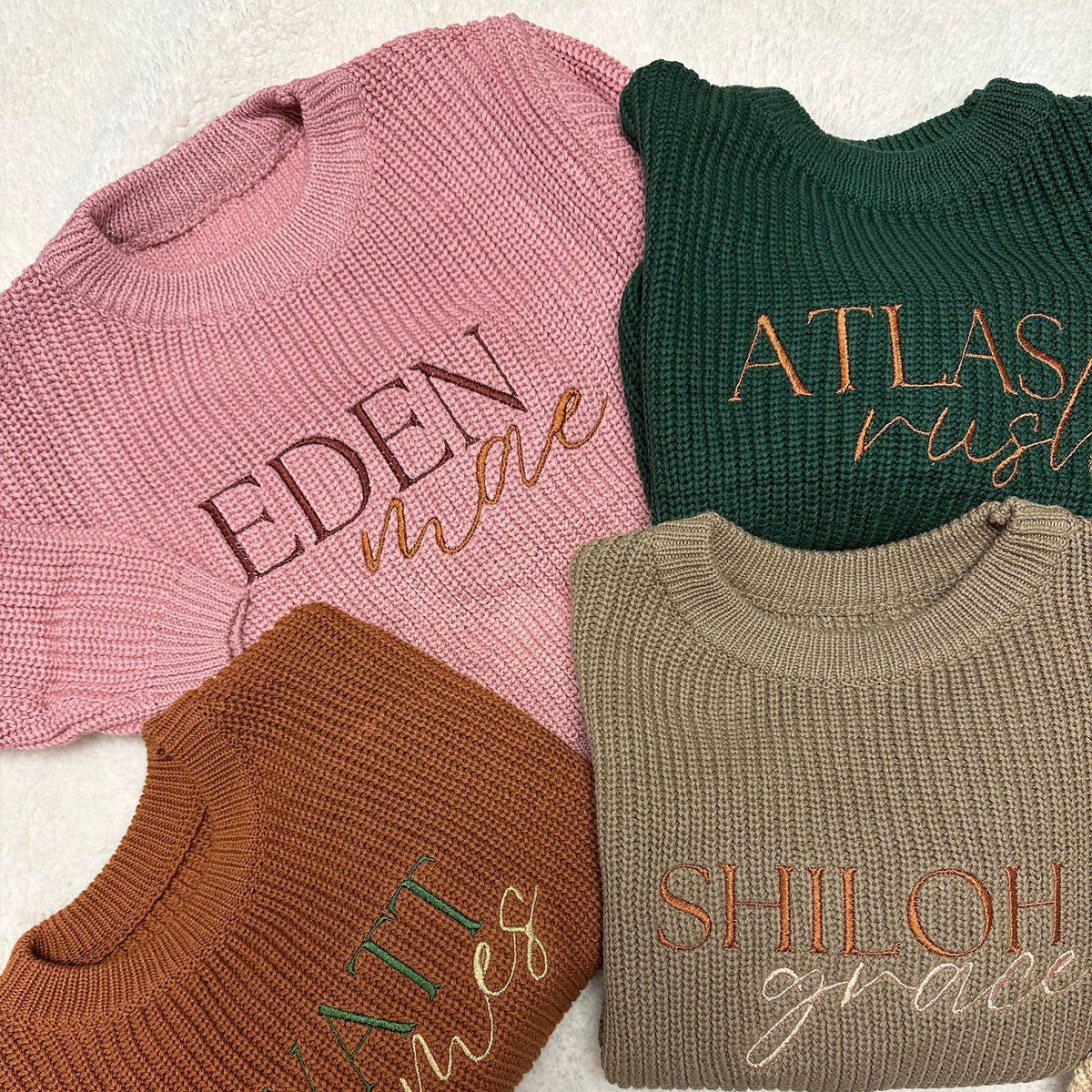 Custom embroidered name chunky knit sweaters for babies and kids