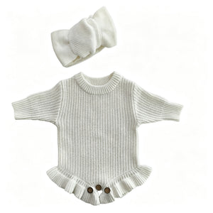 White – Ruffle Hem + 2-Piece Set knit baby romper