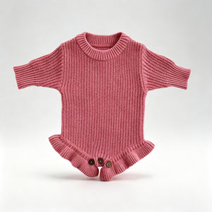 Rose Pink – Ruffle Hem knit baby romper
