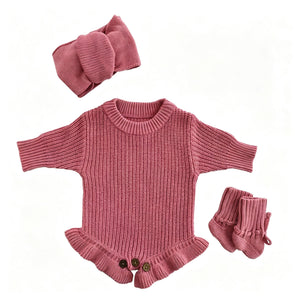 Rose Pink – Ruffle Hem + 3-Piece Set knit baby romper