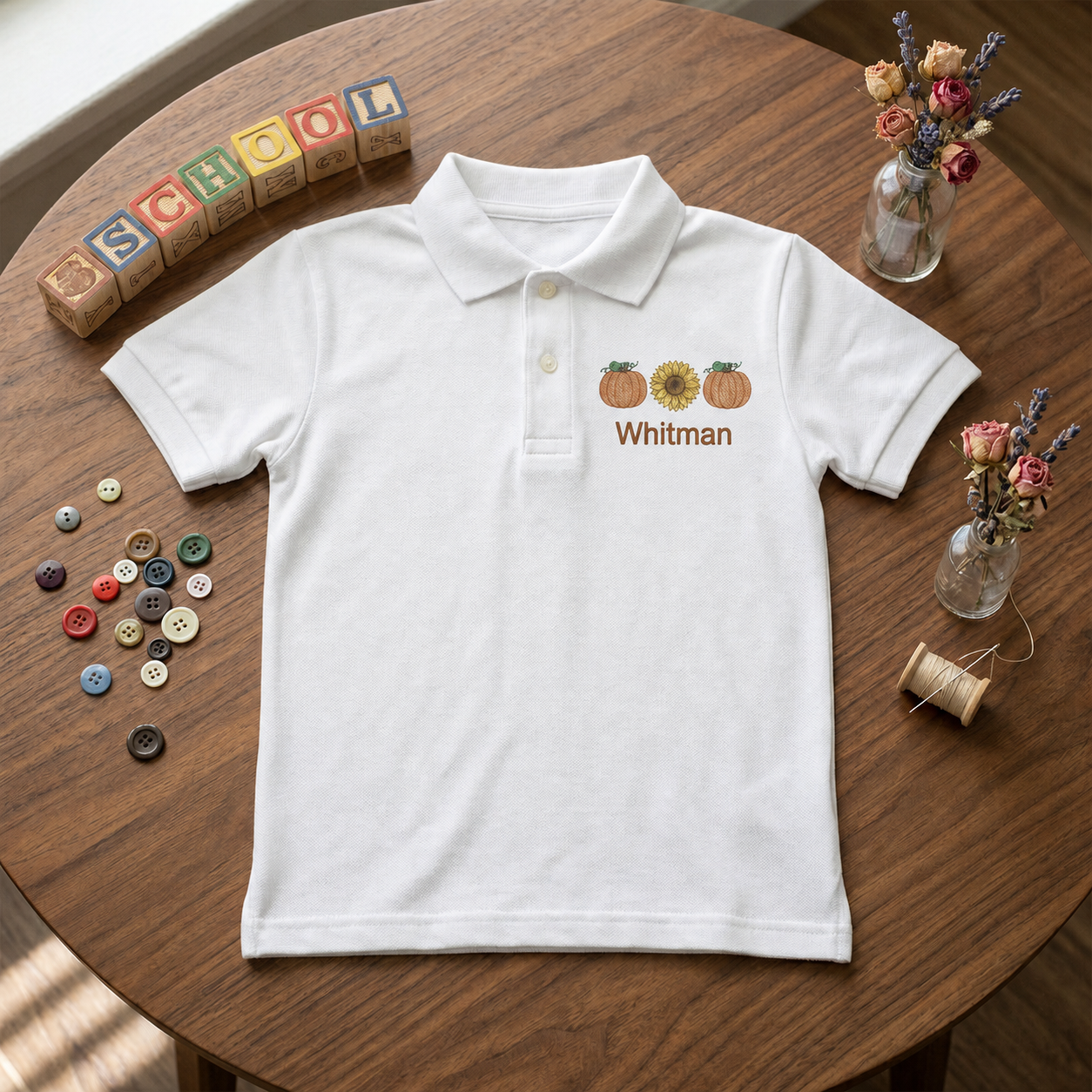 Pumpkin and Sunflower Youth Embroidered Polo | Personalized Name Fall School Kids Polo