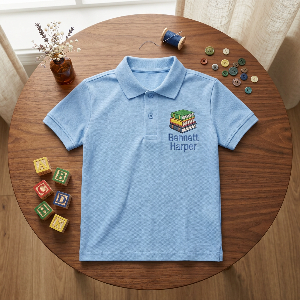 Book Stack Youth Embroidered Polo | Personalized Two Line Name Back to School Kids Polo