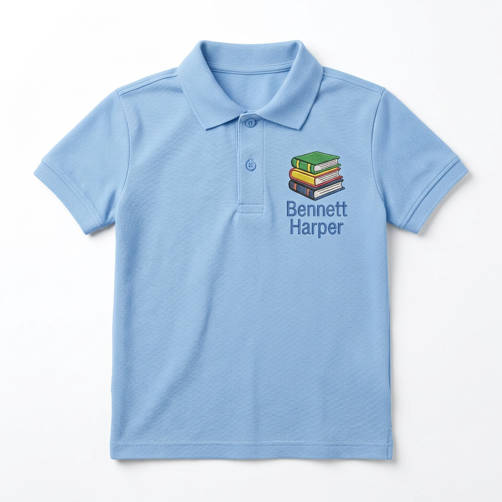 Book Stack Youth Embroidered Polo | Personalized Two Line Name Back to School Kids Polo