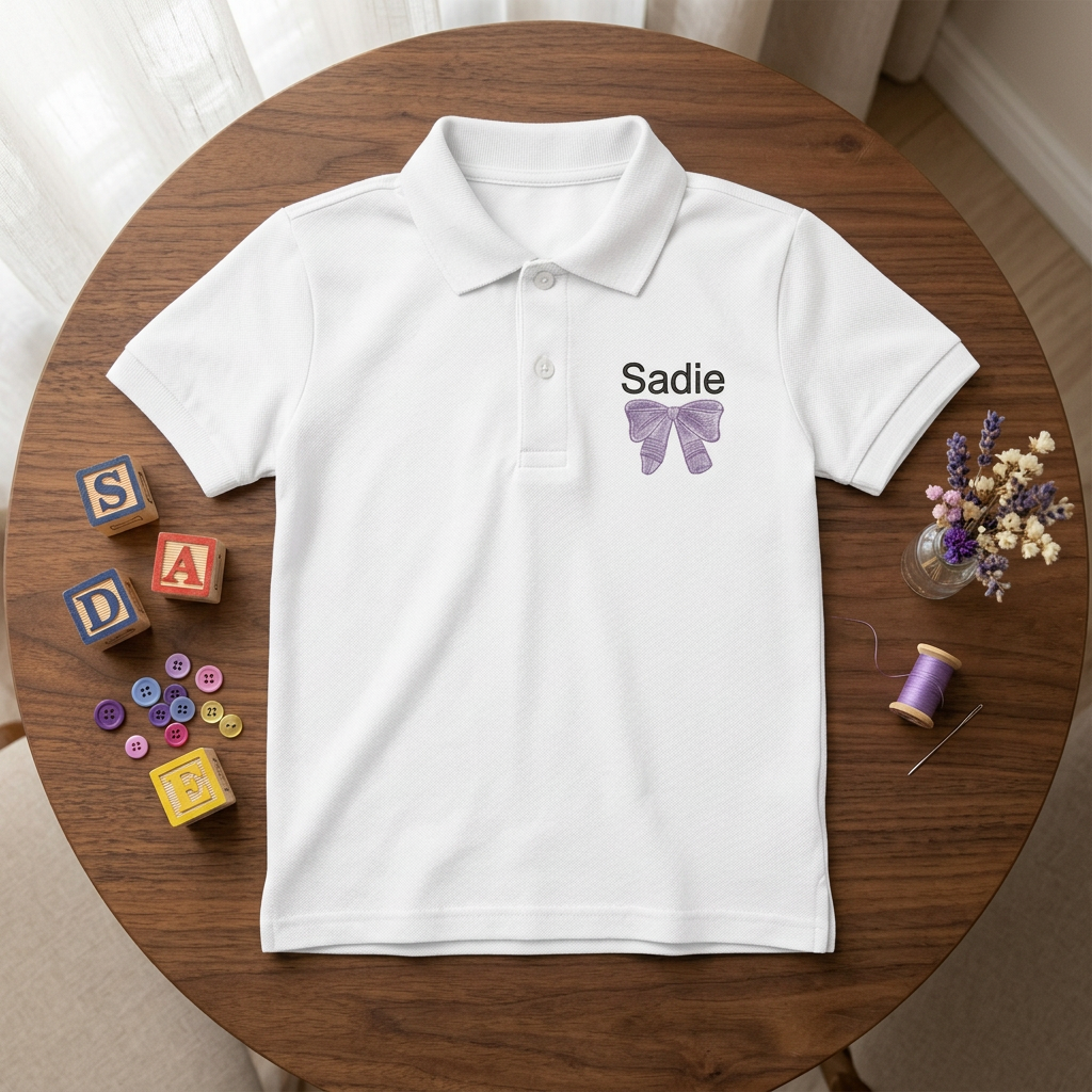 Purple Bow Youth Embroidered Polo | Personalized Name Back to School Girls Polo Shirt