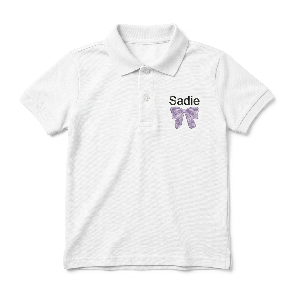 Purple Bow Youth Embroidered Polo | Personalized Name Back to School Girls Polo Shirt