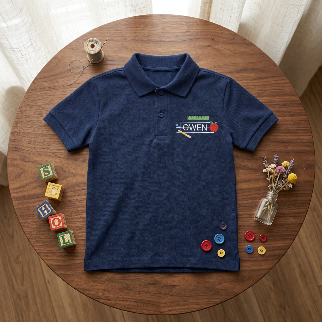 Ruler Apple and Pencil Youth Embroidered Polo | Personalized Name School Kids Polo