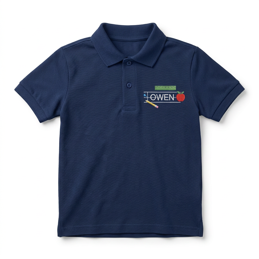 Ruler Apple and Pencil Youth Embroidered Polo | Personalized Name School Kids Polo