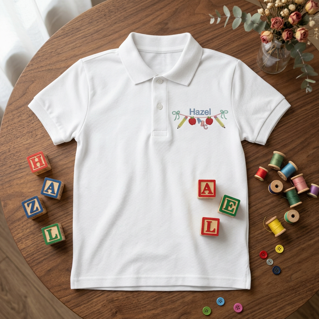 Pencil Banner Youth Embroidered Polo | Personalized Name Apple ABC Kids School Polo