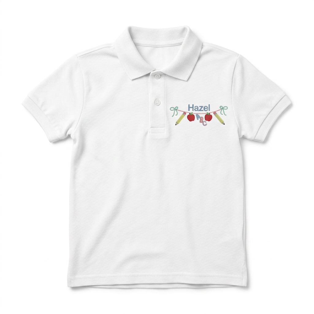Pencil Banner Youth Embroidered Polo | Personalized Name Apple ABC Kids School Polo