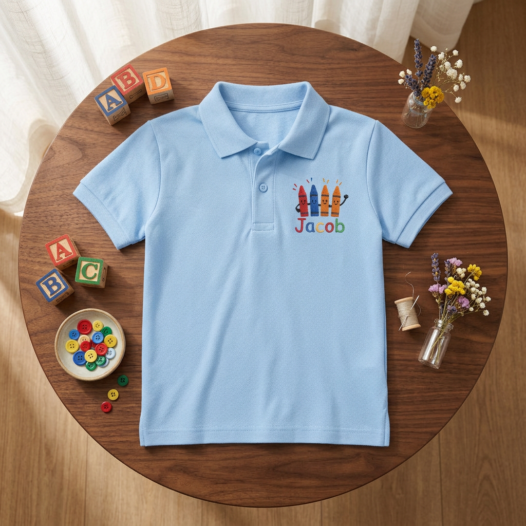 Smiling Crayons Youth Embroidered Polo | Personalized Name Back to School Kids Polo Shirt